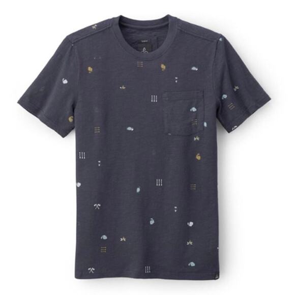 PrAna Mens Auxi Crew Slim T-Shirt Organic Cotton Novelty Print Camp Theme Navy L - Picture 1 of 16